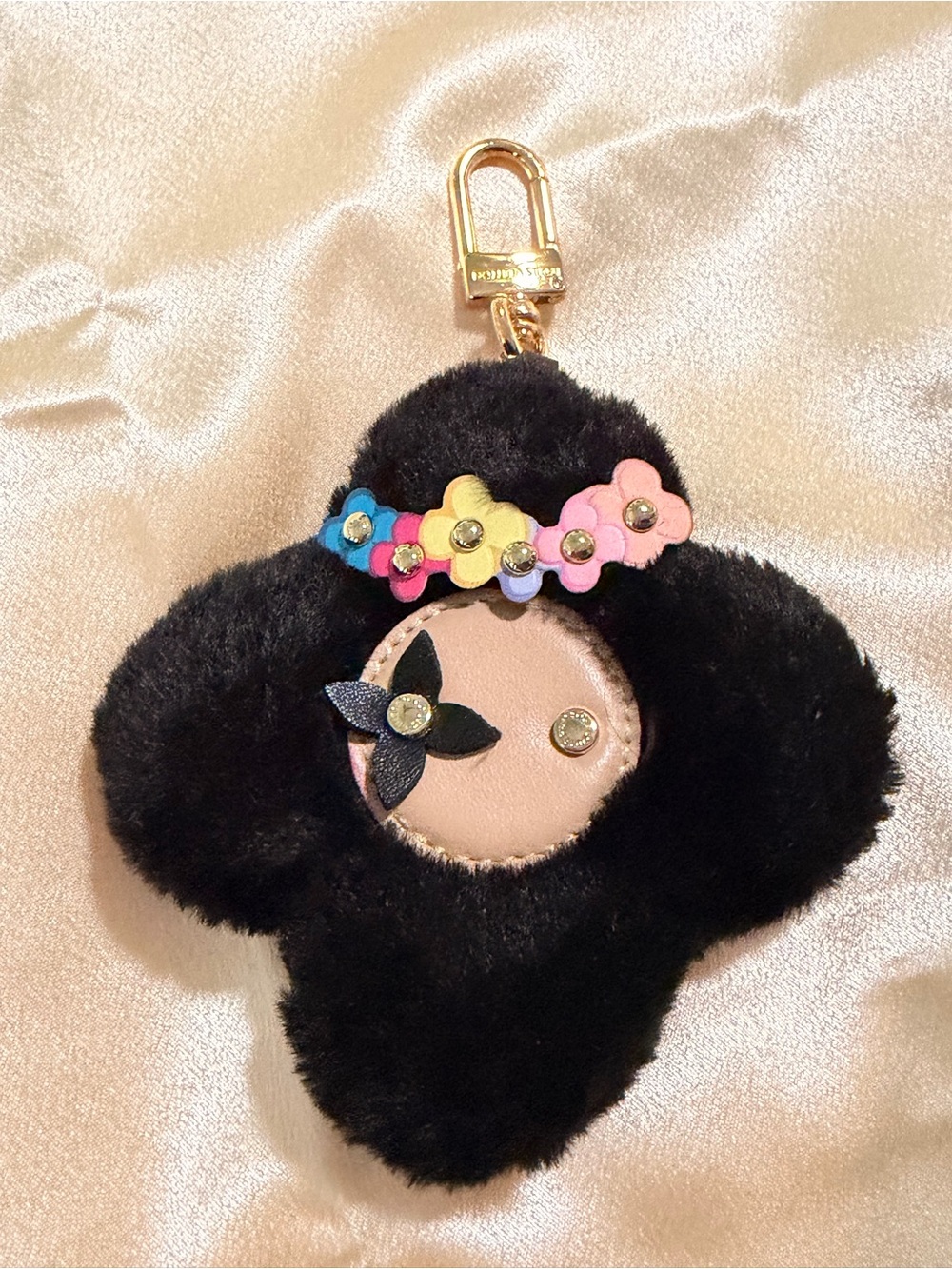Louis Vuitton Black Fuzzy Flower Charm with Multicolor Floral Accent